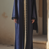 Blue Jacqard abaya with chantilly lace detail on sleeves and front, comes with a sheila