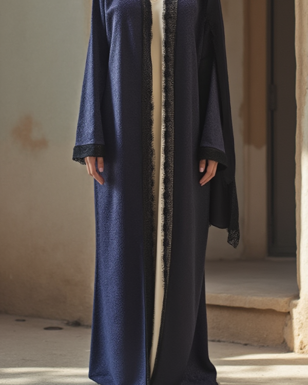 Blue Jacqard abaya with chantilly lace detail on sleeves and front, comes with a sheila