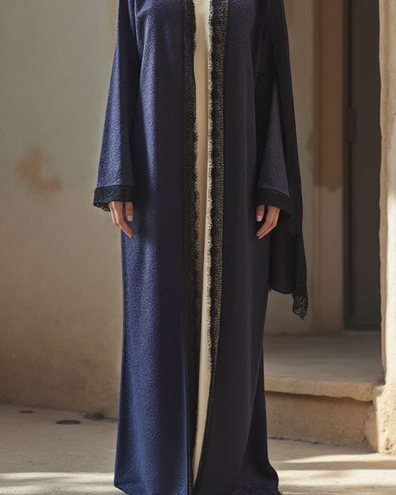 Blue Jacqard abaya with chantilly lace detail on sleeves and front, comes with a sheila