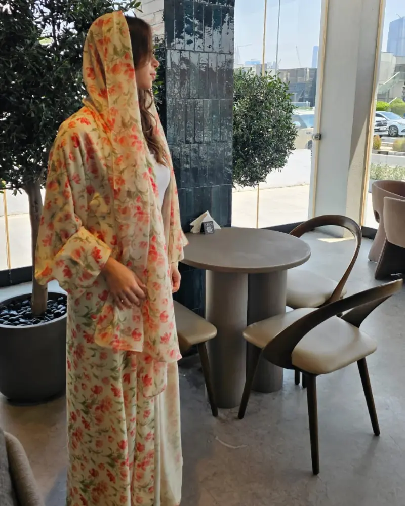 Noor print Abayas Made In UAE in Premium chiffon fabrics with a matching printed Sheila