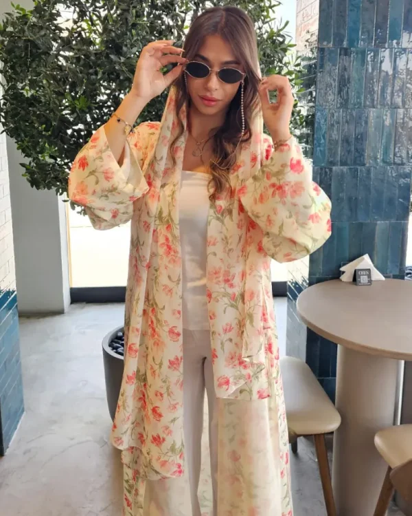 Noor print Abayas Made In UAE in Premium chiffon fabrics with a matching printed Sheila